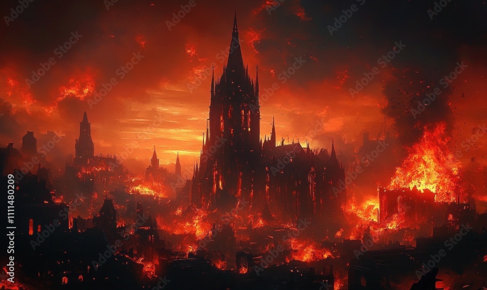 Burning City Ruins in Apocalyptic Gothic Landscape with Tower Burning City Ruins in Apocalyptic Gothic Landscape with Tower