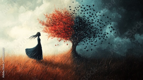 A symbolic representation of the bittersweetness of love, contrasting colors, poignant mood