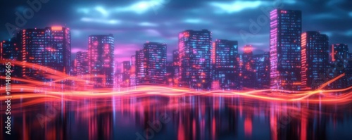 Futuristic Cyberpunk Cityscape Digital Background for AI, Technology, Data Transfer, Neural Networks and Multimedia Presentations