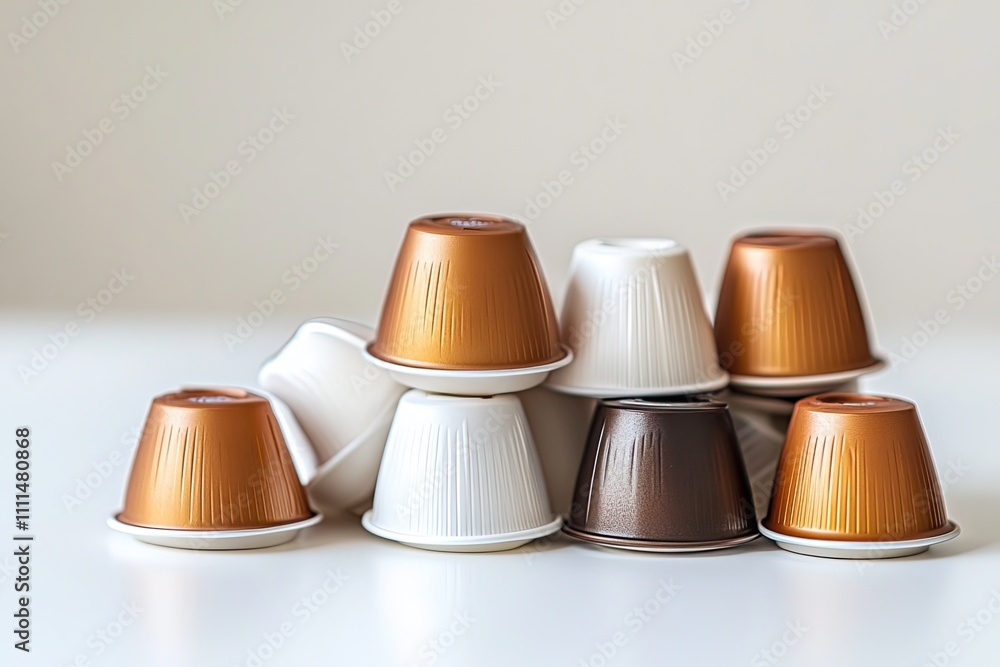 Compostable coffee pods stacked on a clean white surface Compostable coffee pods stacked on a clean white surface