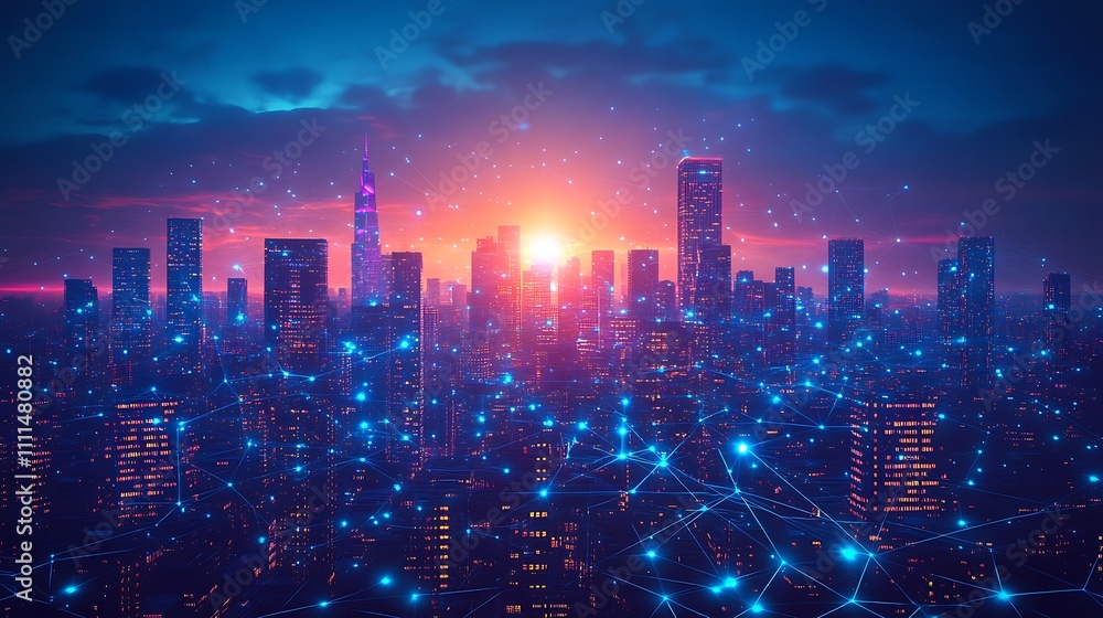 A digital skyline of a smart city, illuminated skyscrapers with bright connections extending to the horizon, vibrant blue and purple neon lighting, sleek and modern buildings, A digital skyline of a smart city, illuminated skyscrapers with bright connections extending to the horizon, vibrant blue and purple neon lighting, sleek and modern buildings,