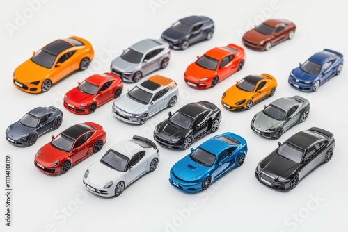 A variety of miniature car models are creatively displayed on a white backdrop, leaving ample space for customized text or branding. Generative AI photo