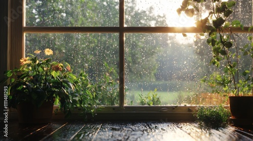 The sound of gentle rain on a windowpane, emphasizing the auditory experience of relaxation, peaceful ambiance