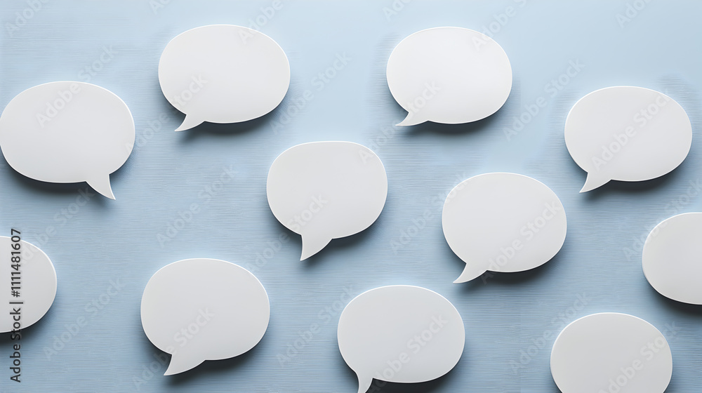 Communication Network White Speech Bubbles on Light Blue Background Communication Network White Speech Bubbles on Light Blue Background