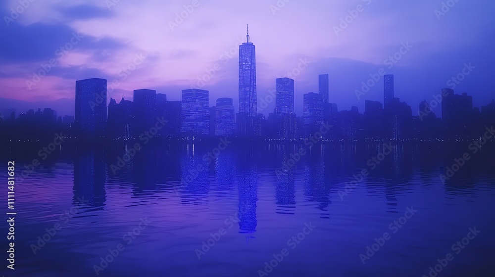 Fototapeta premium Bright blue futuristic innovations, symbolizing continuous growth, focus on technological progress, ethereal Composite with a skyline at night