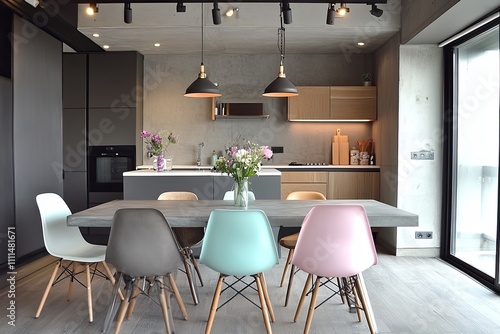 Concrete dining table with pastel-colored chairs in a chic Scandinavian kitchen