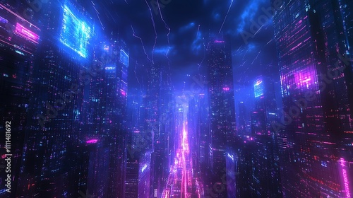A digital skyline of a smart city  illuminated skyscrapers with bright connections extending to the horizon  vibrant blue and purple neon lighting  sleek and modern buildings 