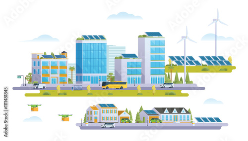 Green Sustainable City Concept. City landscape scenery with street elements. Vector illustration.