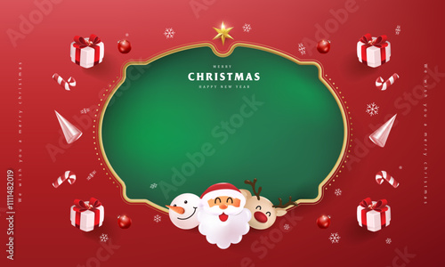 Merry Christmas sign banner frame with empty space and festive decoration on red background