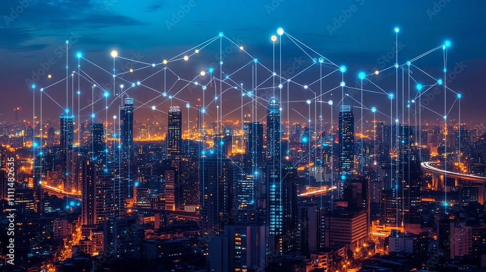 Fototapeta premium Futuristic light trails in shades of blue and white, symbolizing technology advancements, flowing across the background, surreal Multilayer as a cityscape tech backdrop
