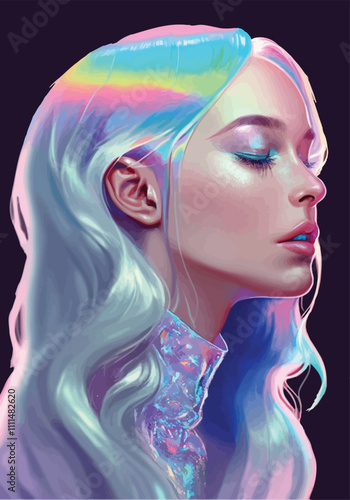 Futuristic beautiful woman with smooth skin wear in a neon with silver hair and vibrant colors 