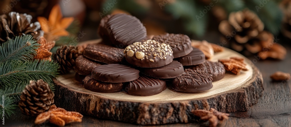 Close up of a stack of chocolate cookies on a wooden board with pine needles and pine cones around it. Close up of a stack of chocolate cookies on a wooden board with pine needles and pine cones around it.