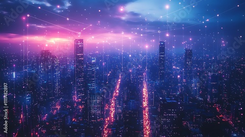 A digitally connected smart city  illuminated skyscrapers with beams of light linking globally  deep blue and purple tones  high-resolution details  ultra-realistic textures 