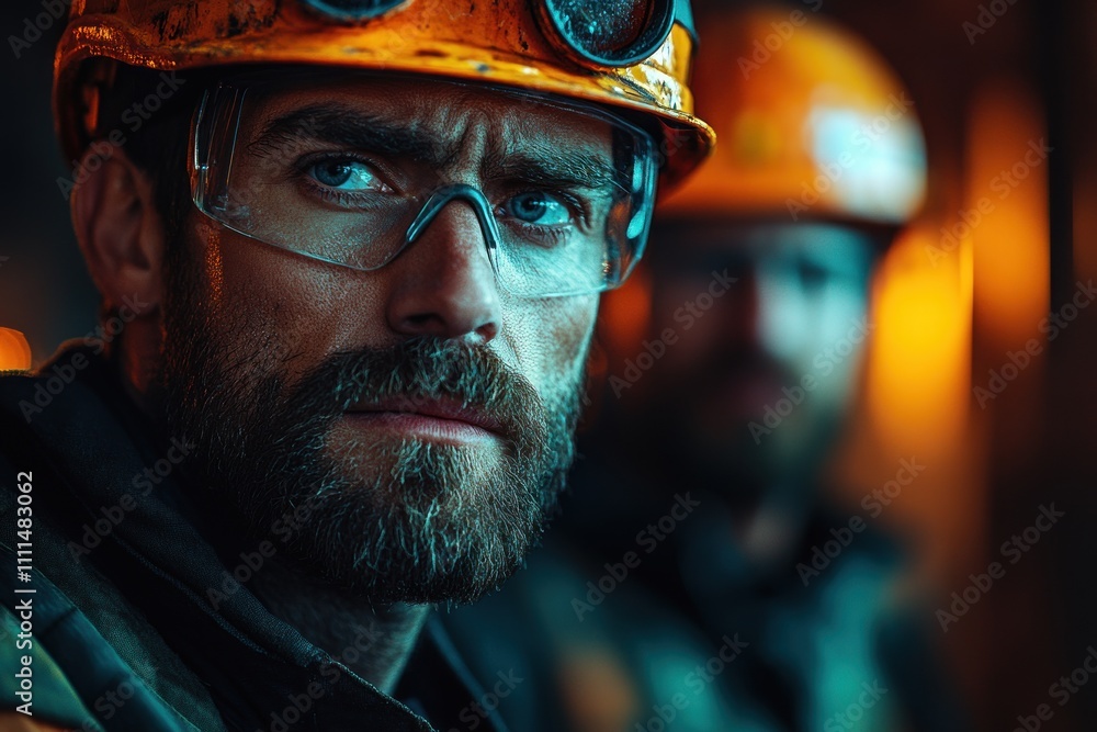 Two Construction Workers Wearing Safety Harnesses Smiling Together in a Dimly Lit Environment Two Construction Workers Wearing Safety Harnesses Smiling Together in a Dimly Lit Environment