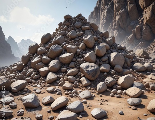 A large rock pile with smaller rocks flying upwards and outwards in all directions, geology, boulders photo