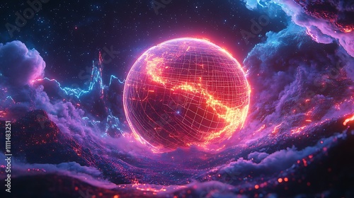 A futuristic 3D globe wrapped in intricate digital lines forming a global network grid, vibrant neon accents, dark space backdrop, ultra-detailed textures, photorealistic quality, sharp focus, photo