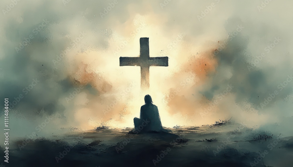 Man Praying Silhouette Kneeling Before Ethereal Cross in Watercolor Style Man Praying Silhouette Kneeling Before Ethereal Cross in Watercolor Style