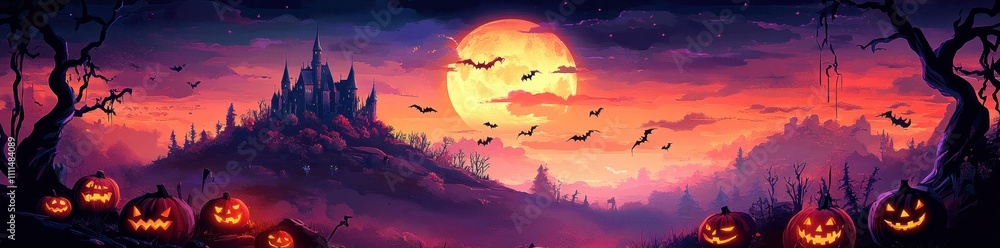 Halloween Landscape Full Moon Castle Pumpkins Bats Night Sky Cemetery Trees Halloween Landscape Full Moon Castle Pumpkins Bats Night Sky Cemetery Trees