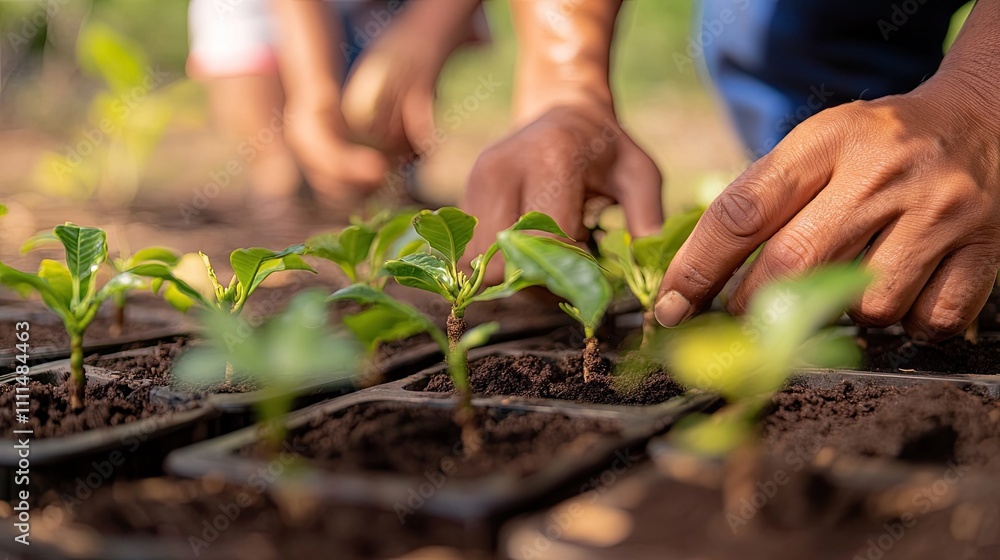 Close-Up of Hands Planting Seedlings in Fertile Soil Outdoors