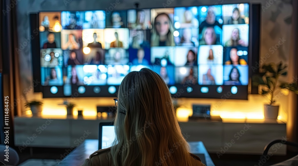 Woman Attending a Large Virtual Meeting on a Large Screen Woman Attending a Large Virtual Meeting on a Large Screen
