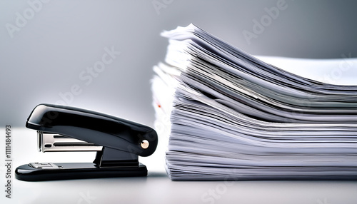 A neat stack of papers with a black stapler beside them, on a soft grey background.