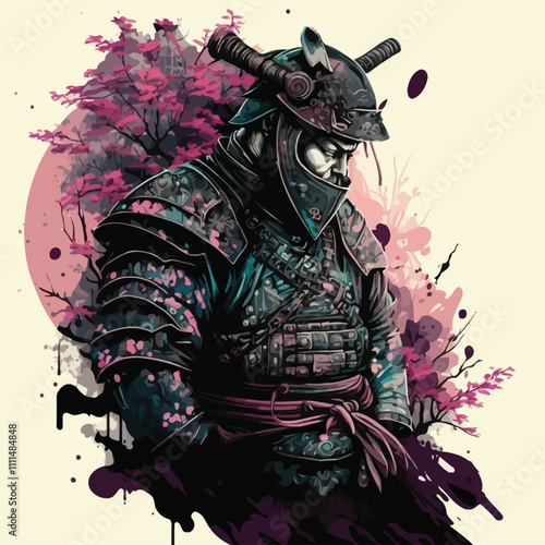 abstract illustration of a samurai warrior stands holding his hand on a katana