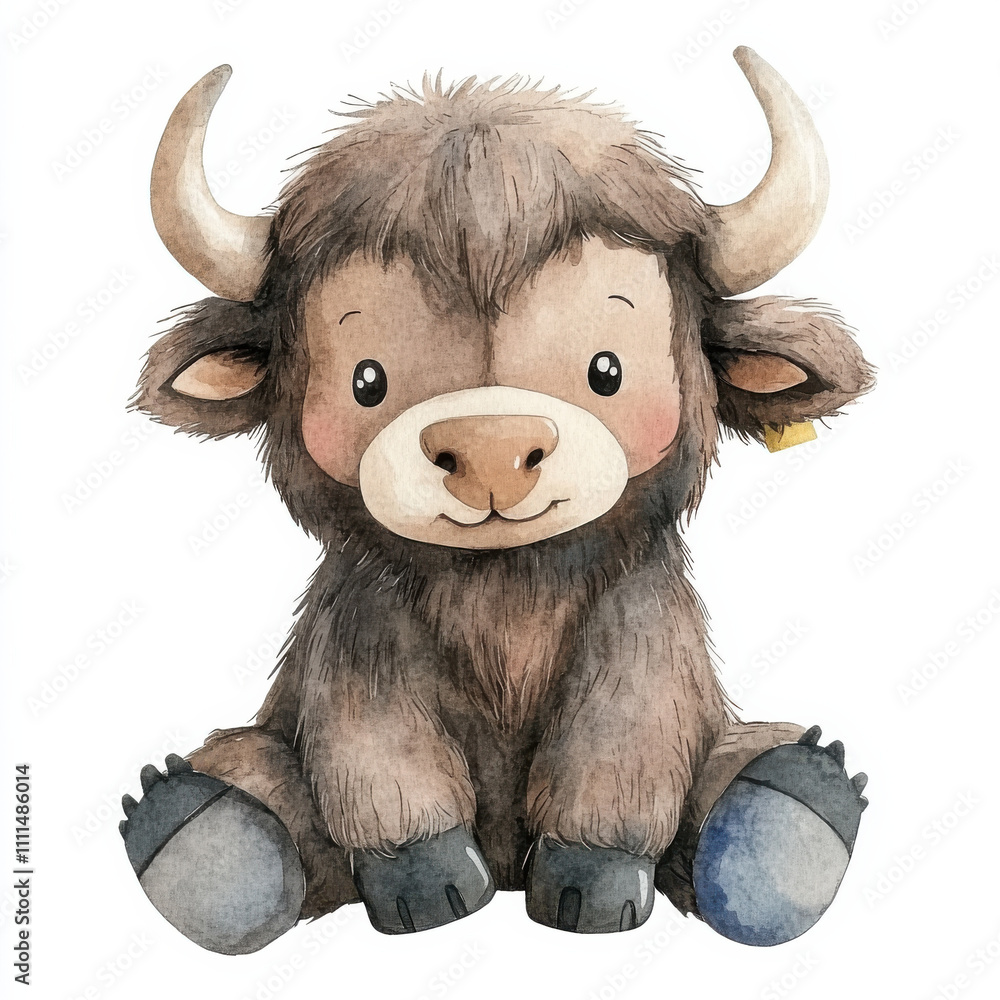 cute watercolor illustration of kid buffalo with friendly expression