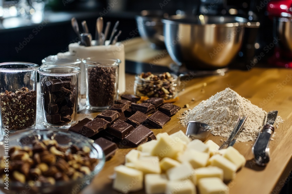 A holiday baking session begins with the countertop filled with chocolate, nuts, and other ingredients A holiday baking session begins with the countertop filled with chocolate, nuts, and other ingredients
