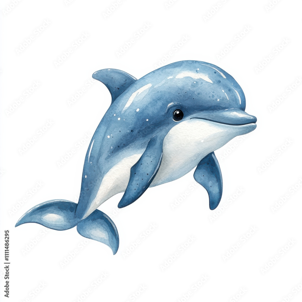 Watercolor illustration of playful dolphin swimming joyfully