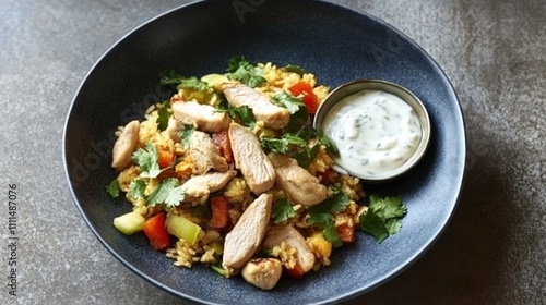 Delicious Chicken Rice Bowl with Vegetables and Yogurt Sauce