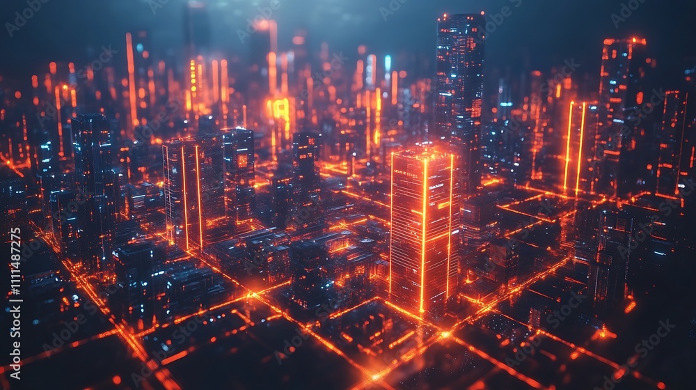 Obraz premium A futuristic smart city with interconnected towers, bright lines of light linking the city globally, intense neon highlights, sleek high-tech buildings, photorealistic quality,