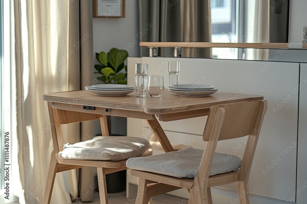 Foldable wooden dining table set in a compact studio apartment. Space-saving furniture ideas Foldable wooden dining table set in a compact studio apartment. Space-saving furniture ideas
