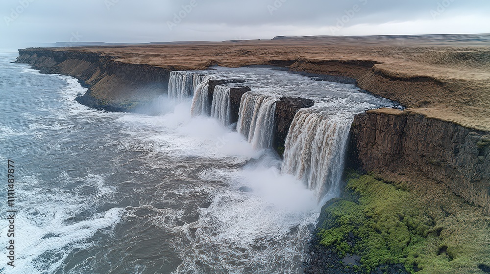 Majestic Aerial View of Aldeyjarfoss Iceland Waterfall Cascade on Volcanic Cliffside with Misty Sky and Rugged Terrain Perfect for Nature and Travel Enthusiasts Majestic Aerial View of Aldeyjarfoss Iceland Waterfall Cascade on Volcanic Cliffside with Misty Sky and Rugged Terrain Perfect for Nature and Travel Enthusiasts