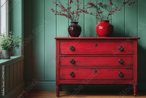 Red painted dresser with red and burgundy vases and winter branches against teal wall.
