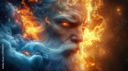 Old Prophet with White Beard Surrounded by Divine Fire and Flames in a Surreal Cosmic Background Illustration photo