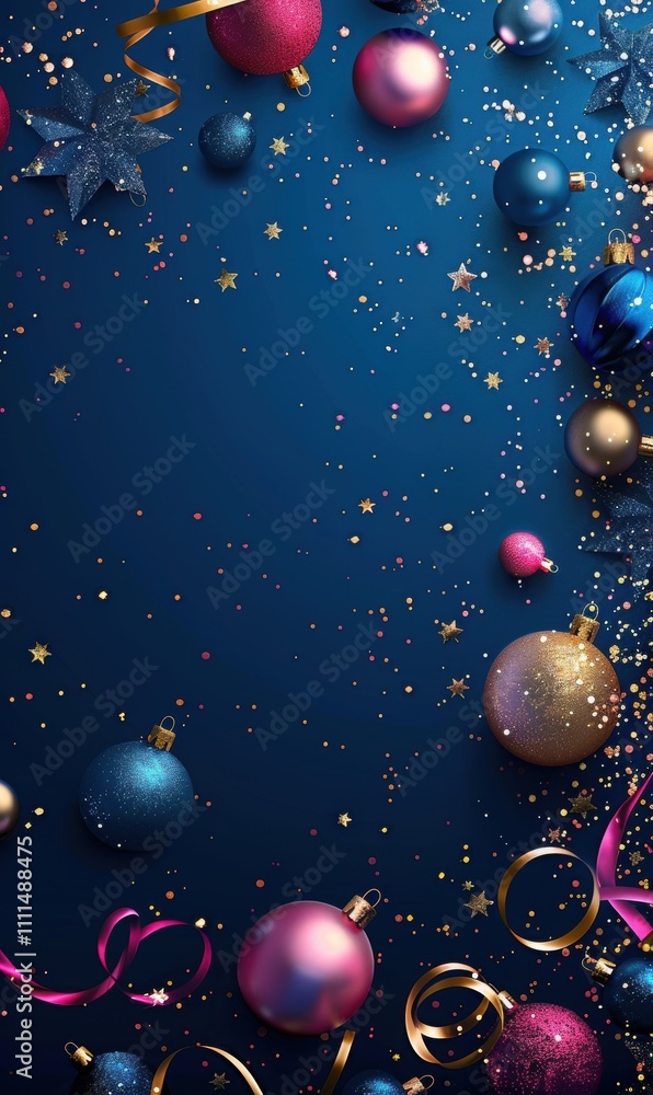 a festive and decorative scene with a dark blue background. Scattered across the image are various Christmas ornaments, including shiny baubles in colors like pink, blue, and gold a festive and decorative scene with a dark blue background. Scattered across the image are various Christmas ornaments, including shiny baubles in colors like pink, blue, and gold