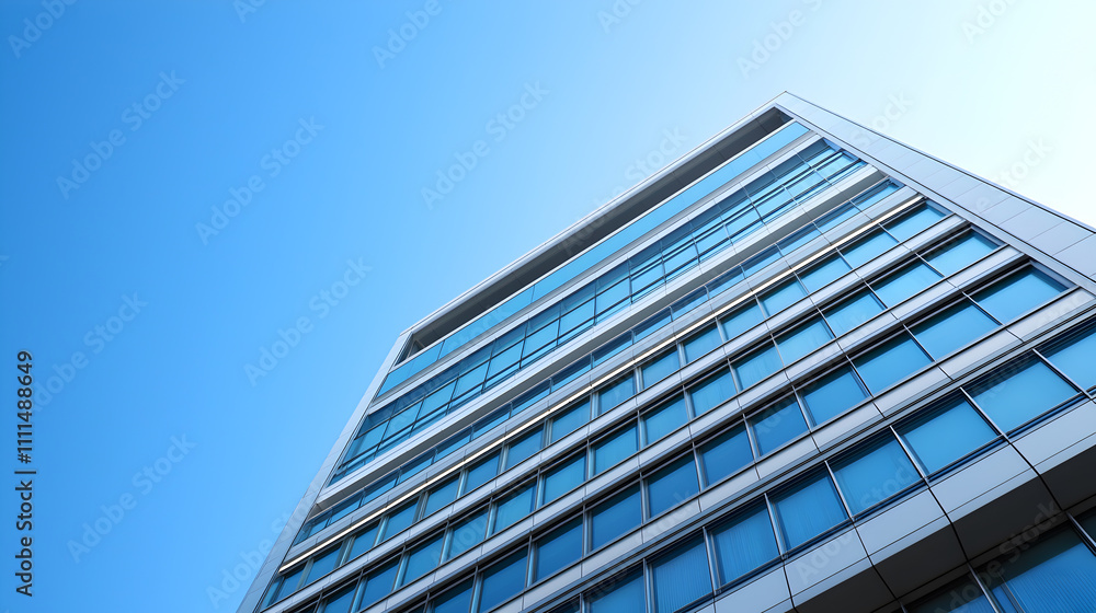 Modern Glass Office Building Against Clear Blue Sky Modern Glass Office Building Against Clear Blue Sky