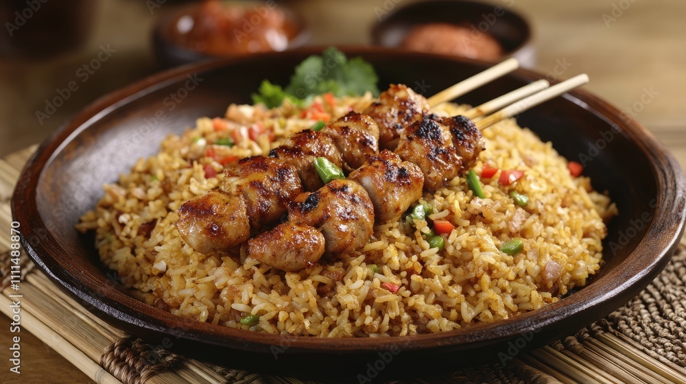 Grilled Chicken Skewers with Fried Rice on Rustic Wooden Table Grilled Chicken Skewers with Fried Rice on Rustic Wooden Table