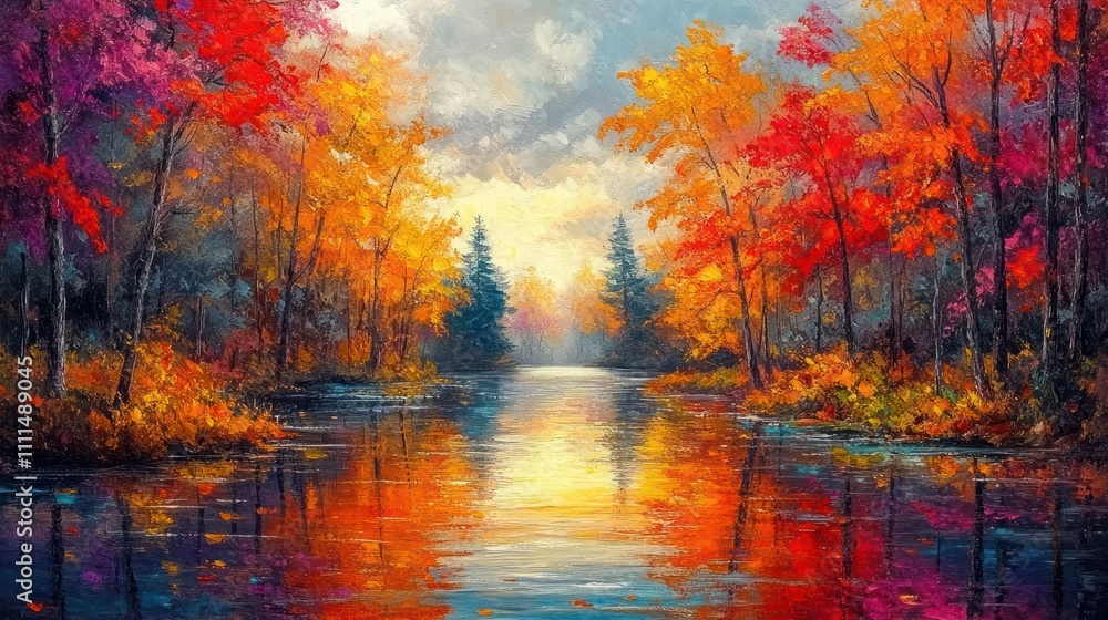 Autumn Landscape with Colorful Leaves and Serene River in Impressionist Style Oil Painting Autumn Landscape with Colorful Leaves and Serene River in Impressionist Style Oil Painting
