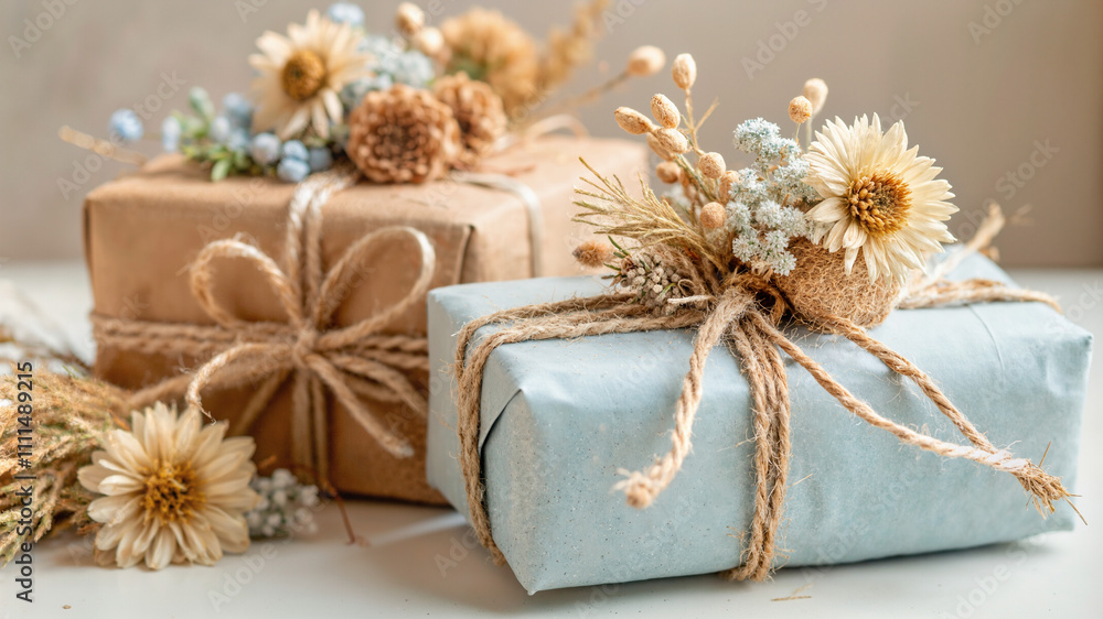 Rustic Gift Boxes in Blue and Brown Paper with Dried Flowers for Festive Occasions Rustic Gift Boxes in Blue and Brown Paper with Dried Flowers for Festive Occasions
