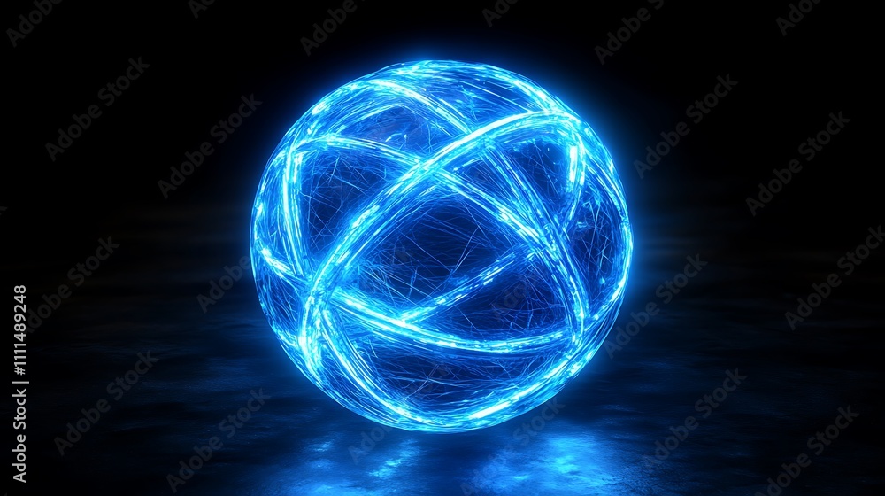 A glowing blue sphere wrapped in intersecting neon lines, creating a web of connectivity, intense light effects, dark and sleek background, photorealistic quality, high-definition details, A glowing blue sphere wrapped in intersecting neon lines, creating a web of connectivity, intense light effects, dark and sleek background, photorealistic quality, high-definition details,