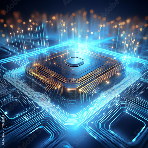 A computer chip array with data flowing in the form of glowing lines on electric blue.