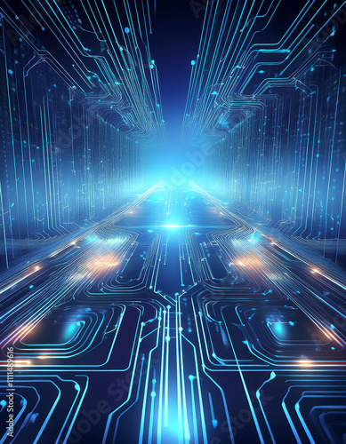 A computer chip array with data flowing in the form of glowing lines on electric blue.
