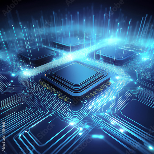 A computer chip array with data flowing in the form of glowing lines on electric blue.