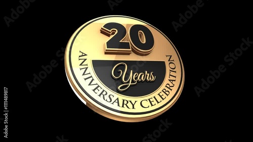 20 years, 20th anniversary logo, loop, looped video in 3D Gold with Alpha channel,  isolated transparent background