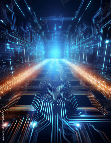 A computer chip array with data flowing in the form of glowing lines on electric blue.