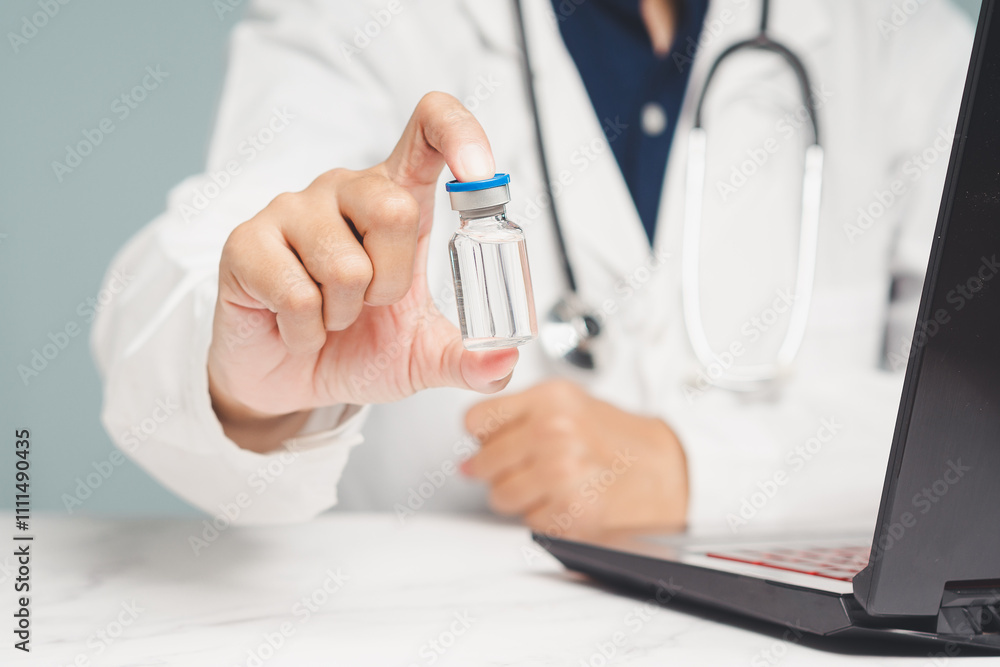 Close-up of a vaccine bottle held by a doctor, focus on immunization and medical care. Close-up of a vaccine bottle held by a doctor, focus on immunization and medical care.