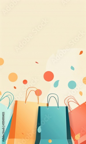 Weekend sale , banner for website, copy space for text, an illustration featuring several colorful shopping bags at the bottom. The bags are in shades of blue, orange, and red