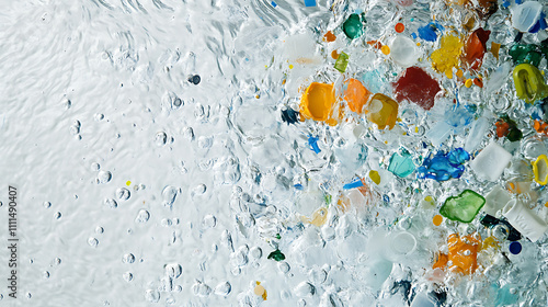 Microplastics floating in clear water, highlighting the environmental impact of plastic pollution photo