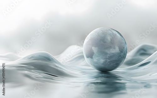 A globe on the background of abstract waves, a light blue color scheme, a white background, a blurred image of a world map in gray tones,